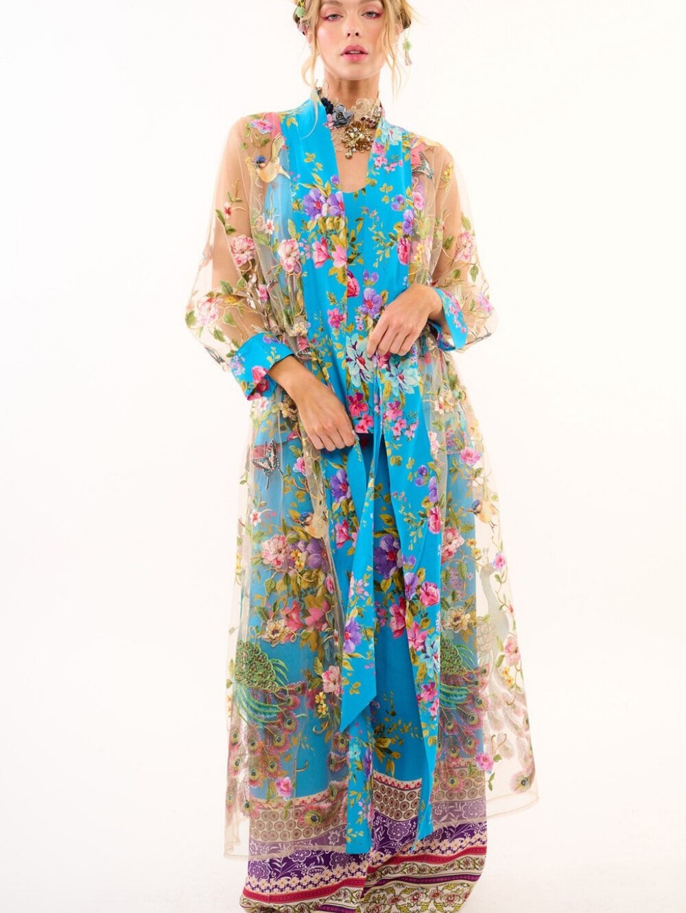 Aratta Garden Of Eden Embroidered Blue Floral Mesh Duster sz XL NWT - Picture 2 of 11